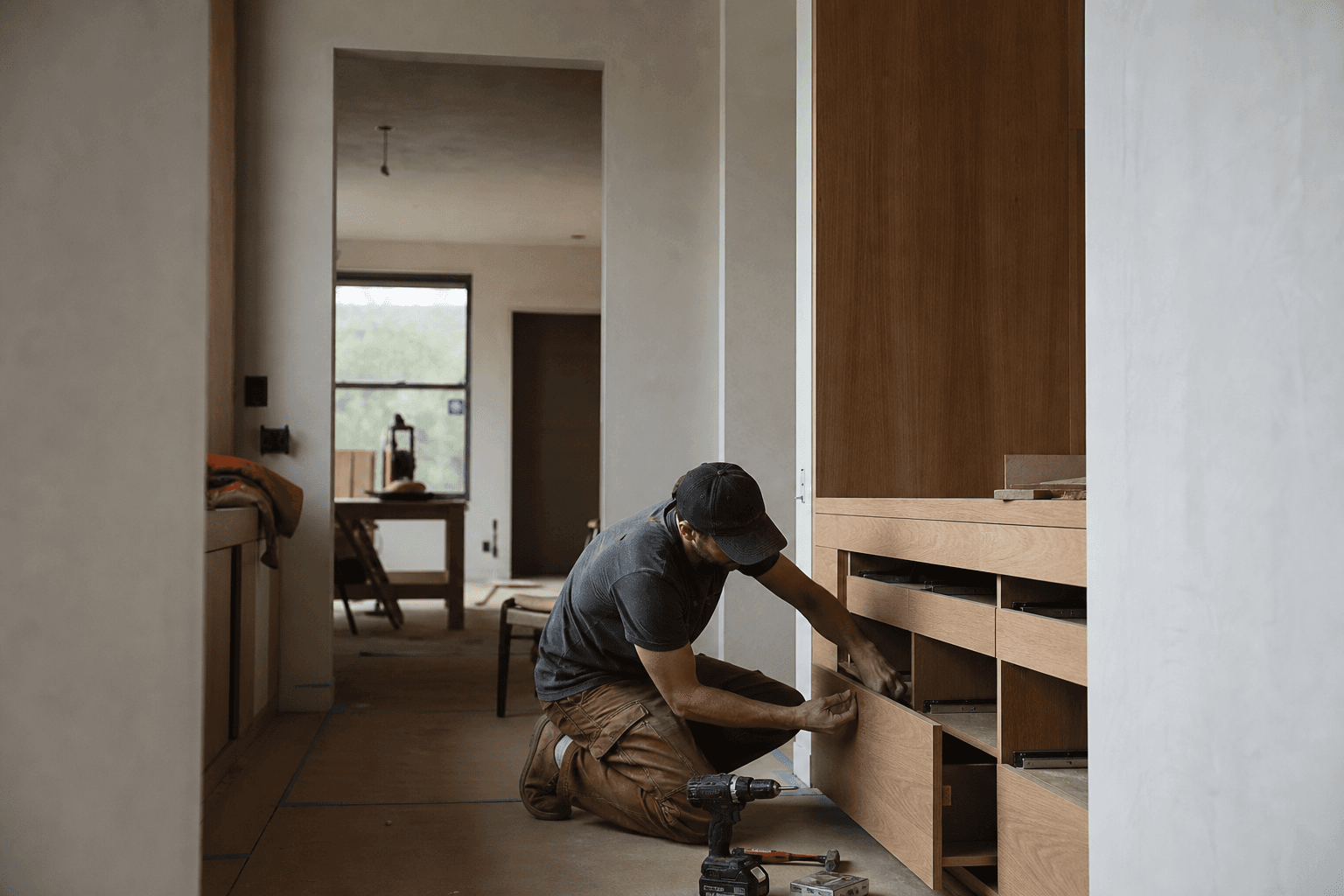 Carpenter fitting custom oak cabinetry