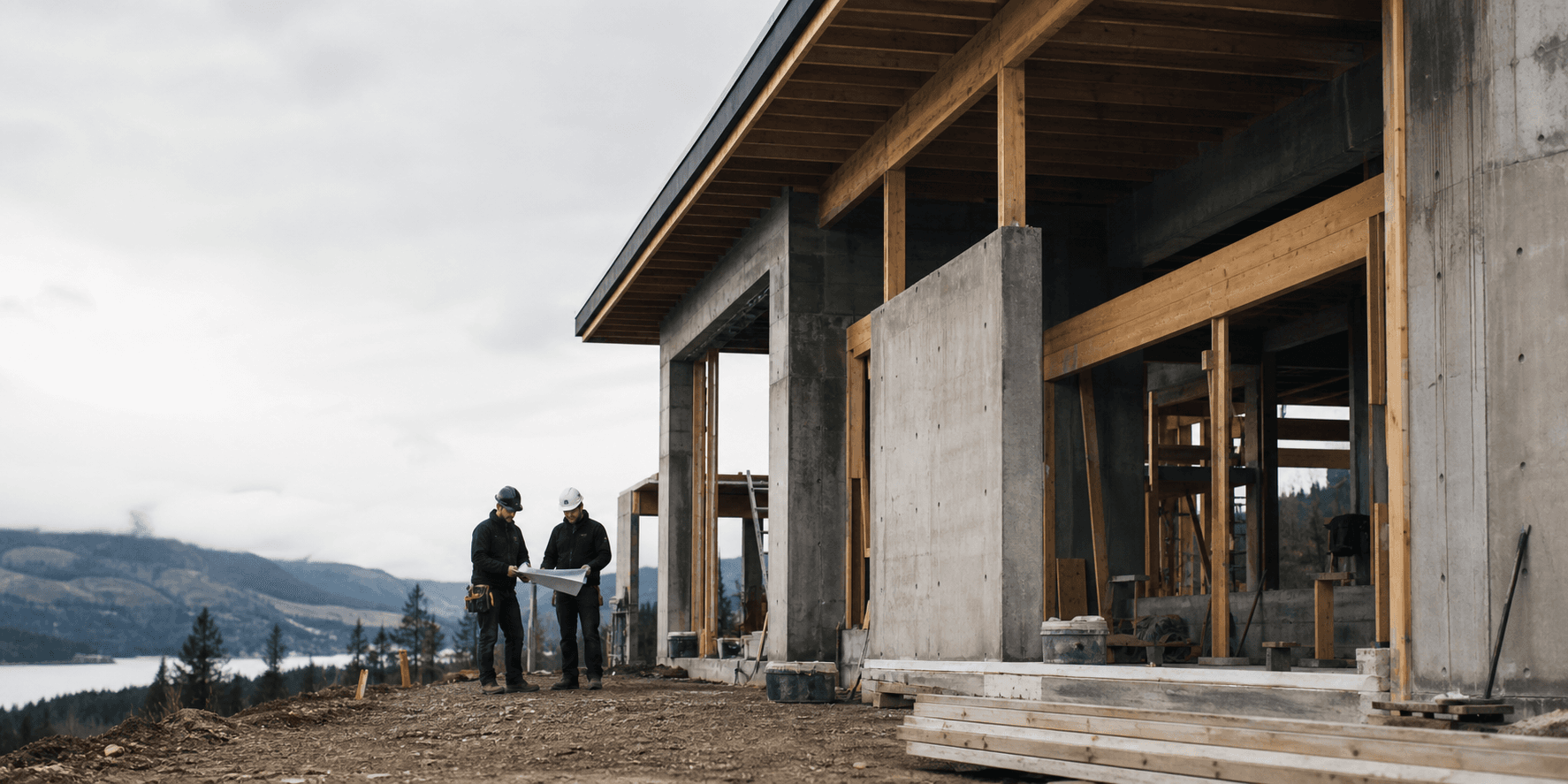 Builders reviewing plans beside a concrete and timber home