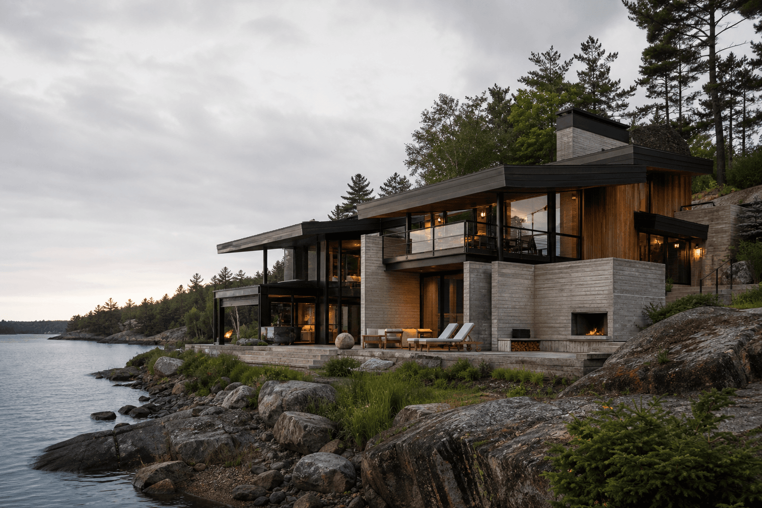 Contemporary concrete and cedar home beside a lake